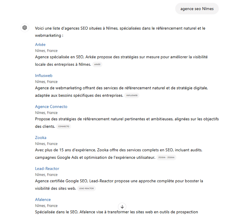 Classement des agence seo à Nîmes par ChatGPT