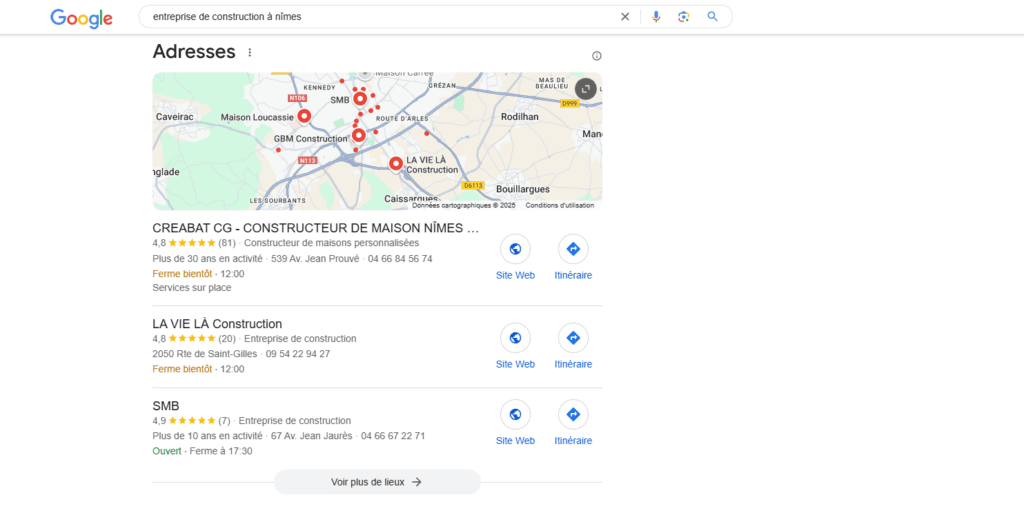 résultats Google pour une recherche locale dans le BTP