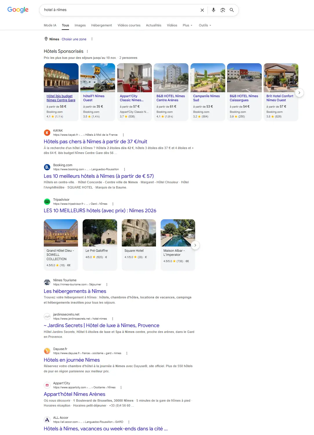 Résultat Google Hotel à Nîmes après DMA